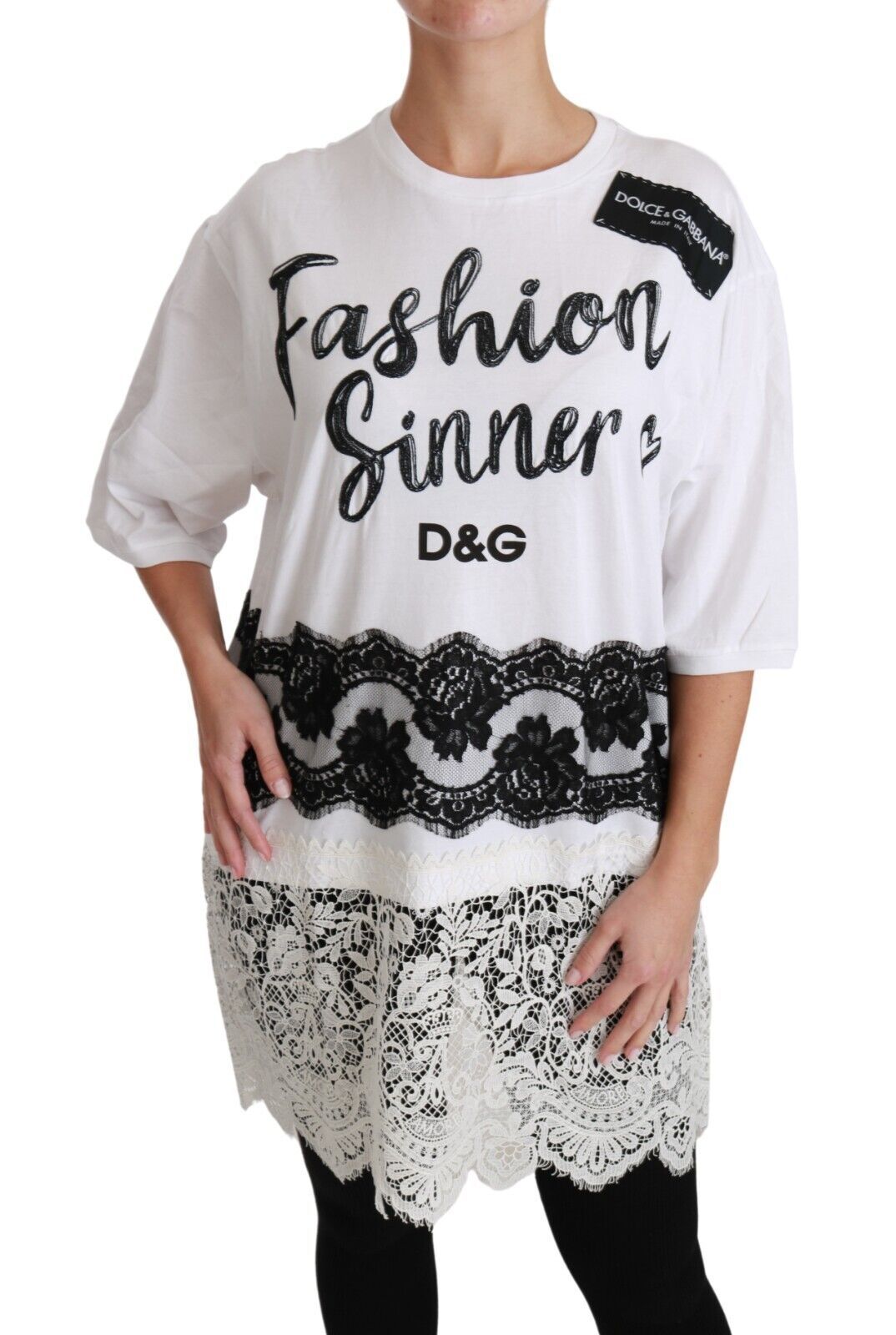 Dolce & Gabbana Weißes Fashion Sinner Baumwollspitzen-T-Shirt-Top