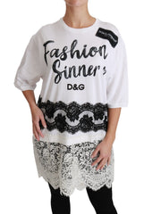 Dolce & Gabbana Weißes Fashion Sinner Baumwollspitzen-T-Shirt-Top