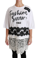 Dolce & Gabbana Weißes Fashion Sinner Baumwollspitzen-T-Shirt-Top