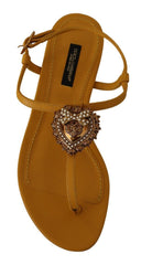 Dolce & Gabbana Mosterdleren Devotion Platte Sandalen Schoenen
