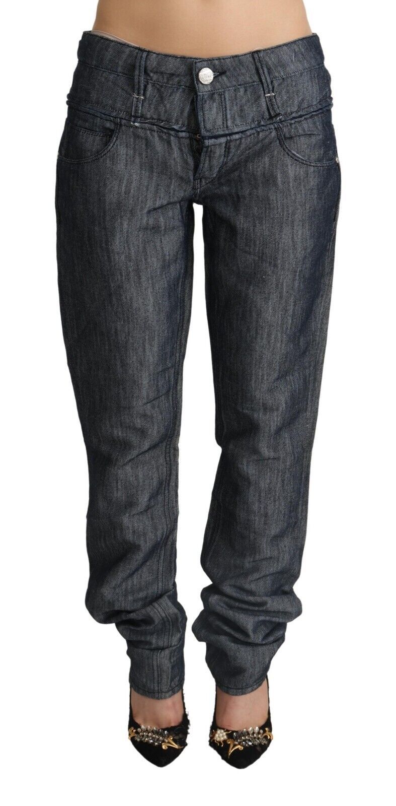 Acht Dunkelgraue Ramie-Denim-Jeans mit geradem Bein und mittelhohem Bund