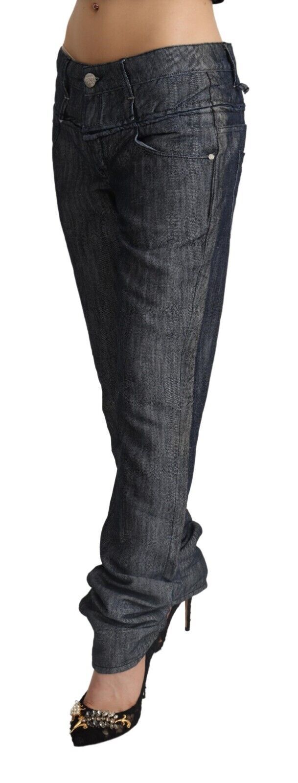 Acht Dunkelgraue Ramie-Denim-Jeans mit geradem Bein und mittelhohem Bund
