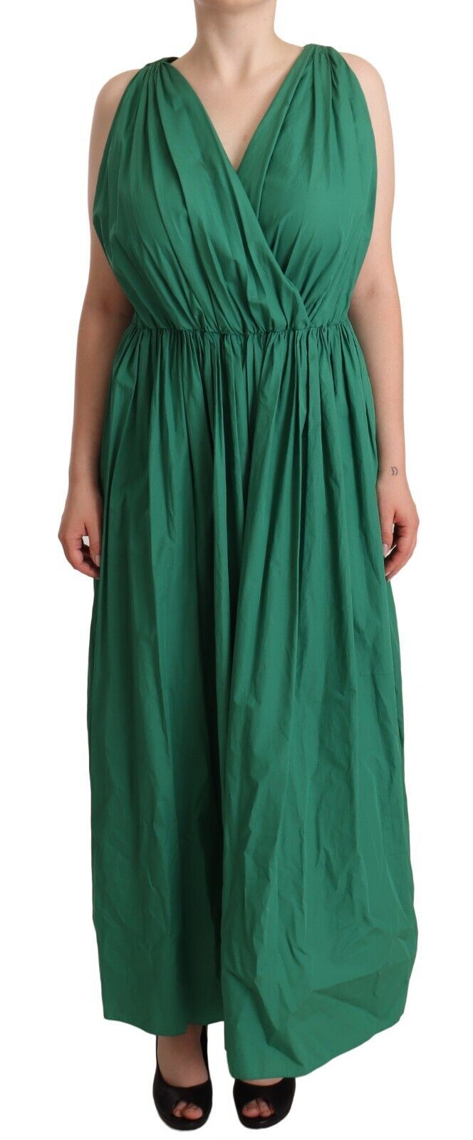 Dolce & Gabbana Grünes ärmelloses Baumwoll-V-Ausschnitt-Kleid