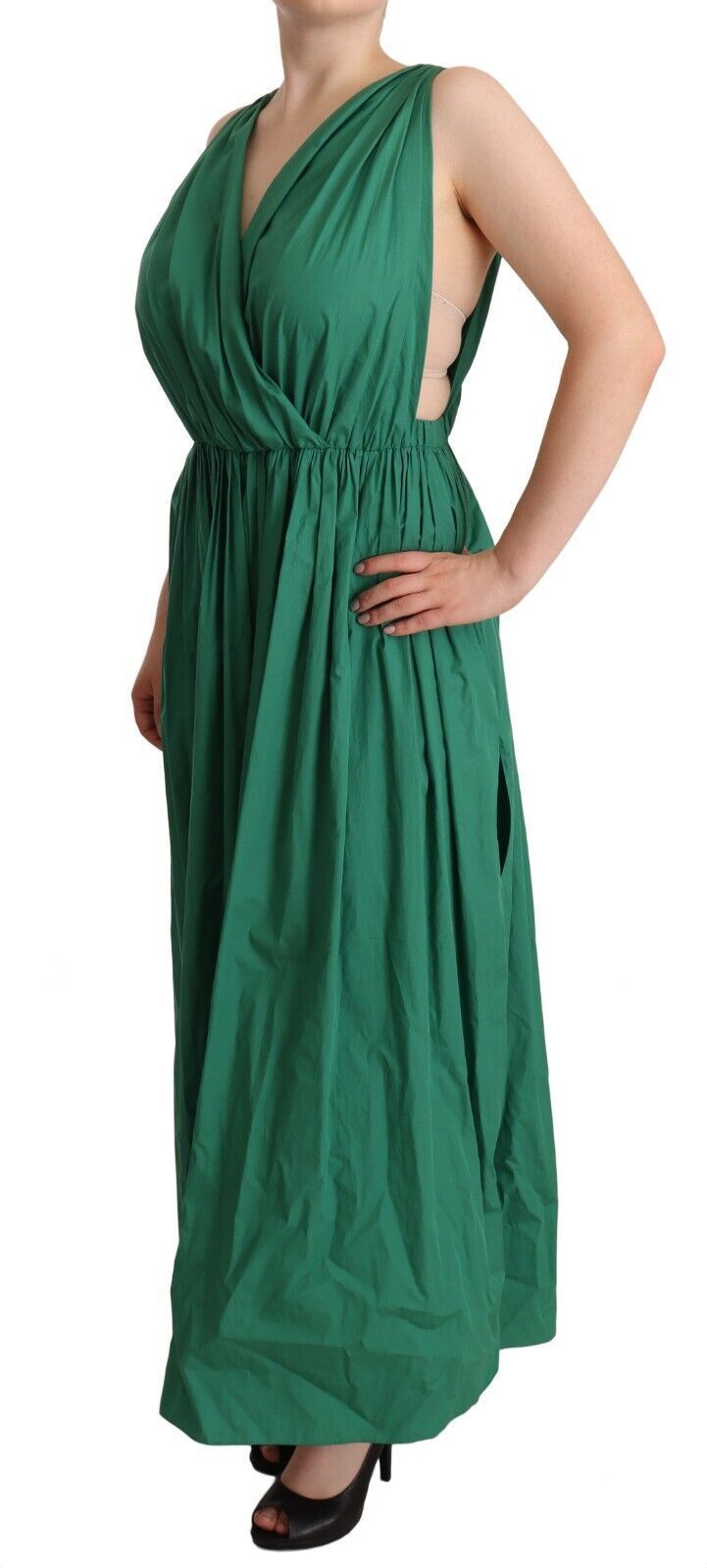 Dolce & Gabbana Grünes ärmelloses Baumwoll-V-Ausschnitt-Kleid