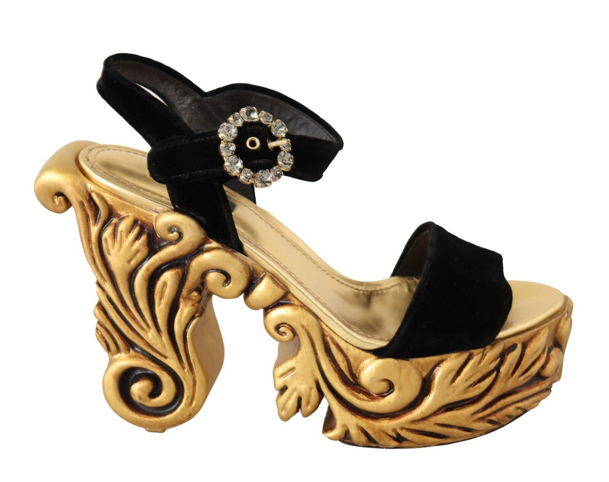 Dolce & Gabbana Schwarze goldene Barock-Samt-Absätze Kristallschuhe