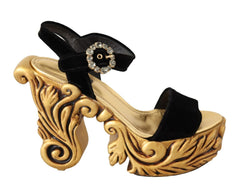 Dolce & Gabbana Schwarze goldene Barock-Samt-Absätze Kristallschuhe