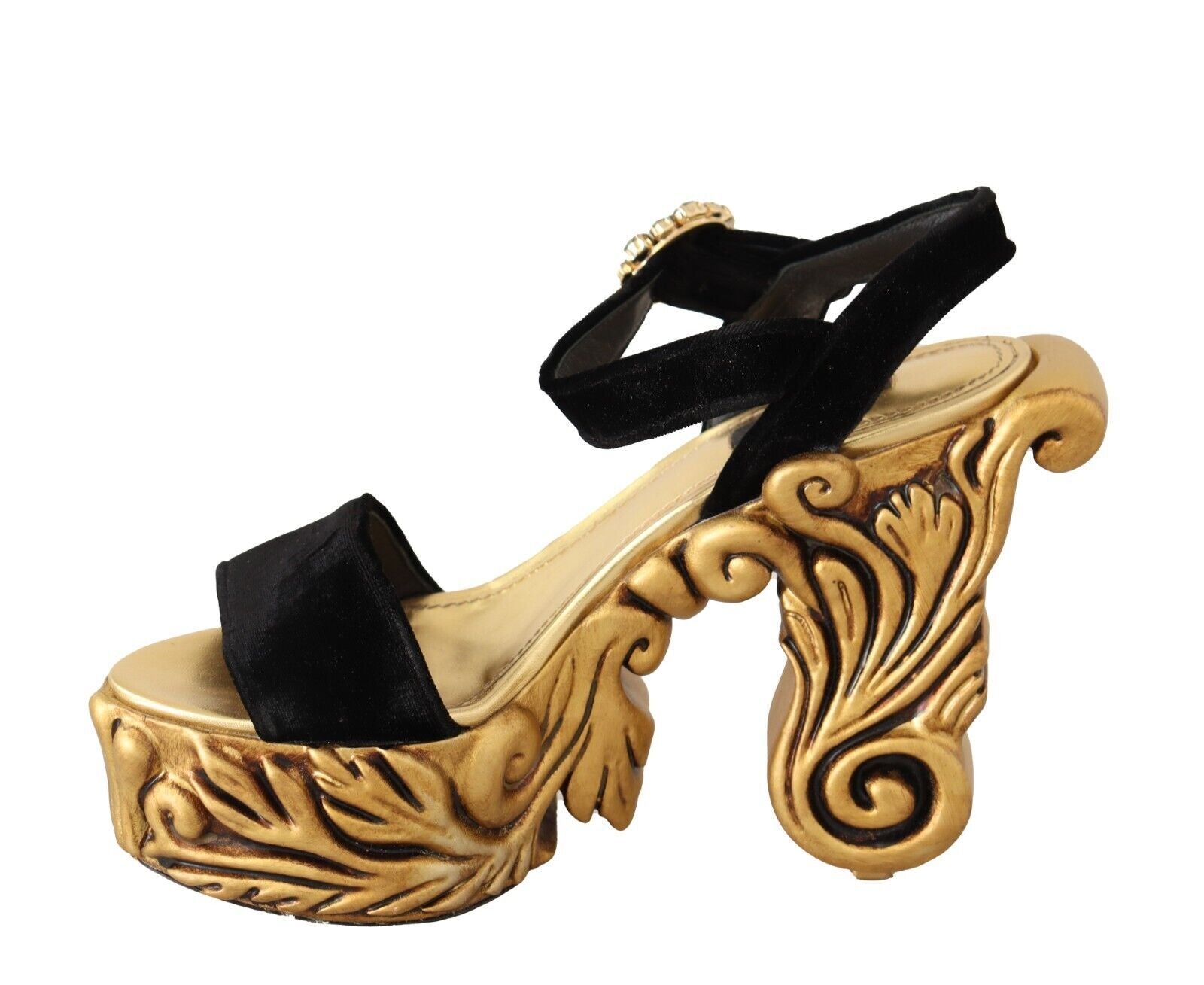 Dolce & Gabbana Schwarze goldene Barock-Samt-Absätze Kristallschuhe