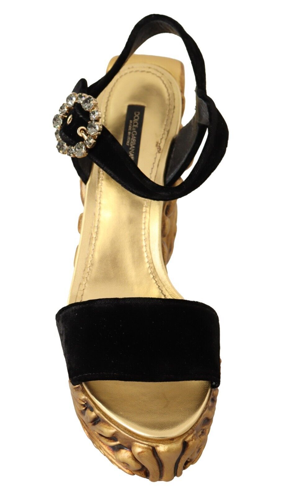 Dolce & Gabbana Schwarze goldene Barock-Samt-Absätze Kristallschuhe