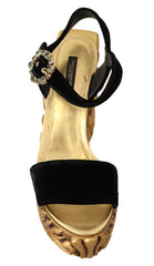 Dolce & Gabbana Schwarze goldene Barock-Samt-Absätze Kristallschuhe