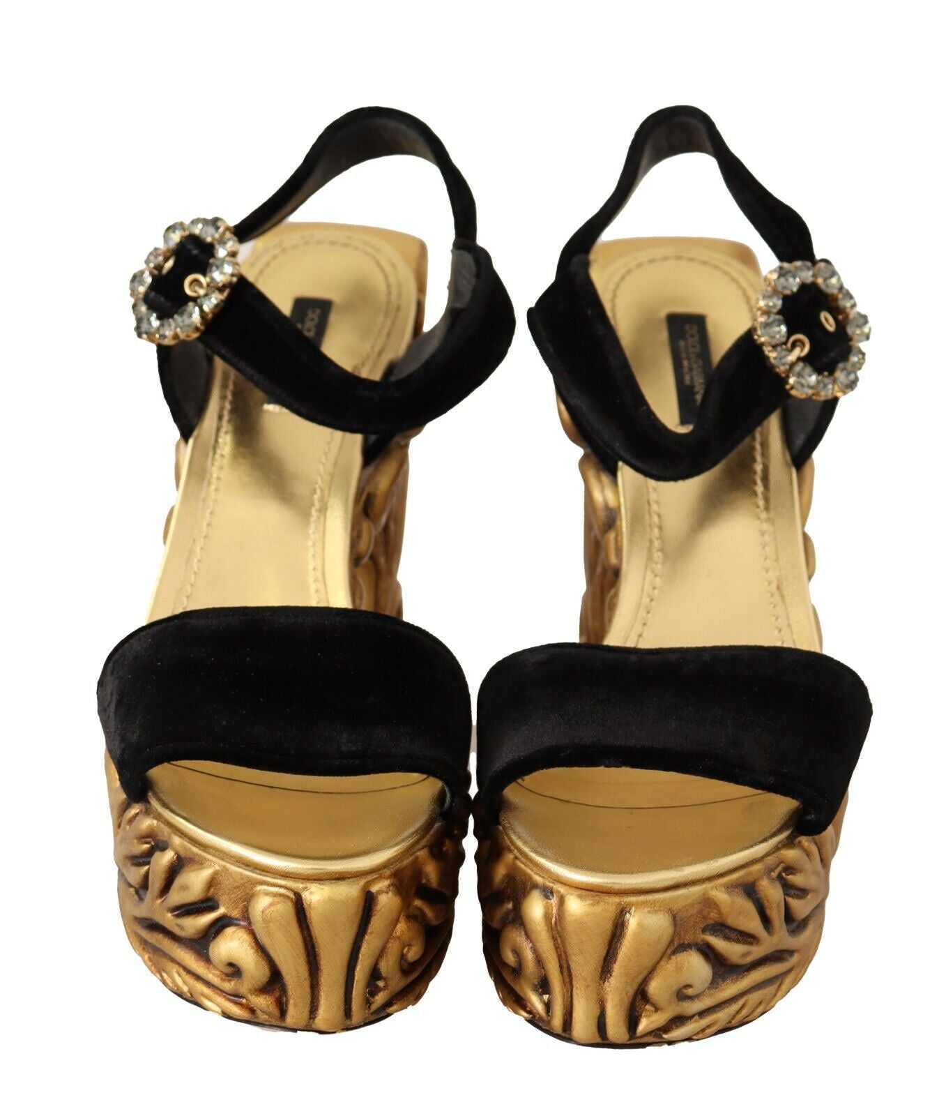 Dolce & Gabbana Schwarze goldene Barock-Samt-Absätze Kristallschuhe