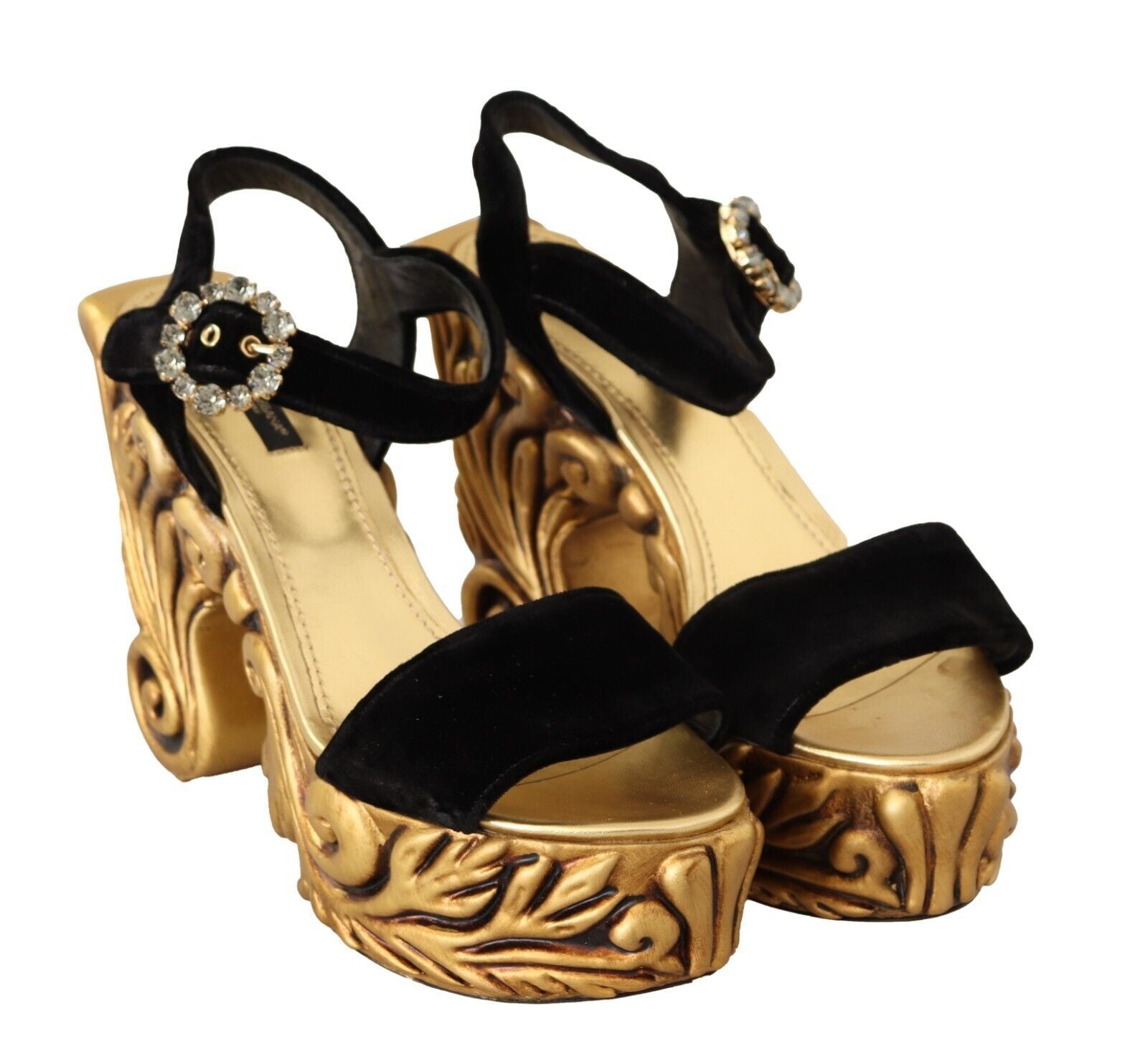 Dolce & Gabbana Schwarze goldene Barock-Samt-Absätze Kristallschuhe