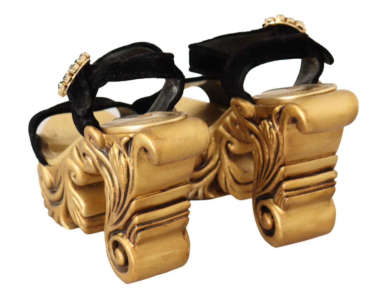 Dolce & Gabbana Schwarze goldene Barock-Samt-Absätze Kristallschuhe