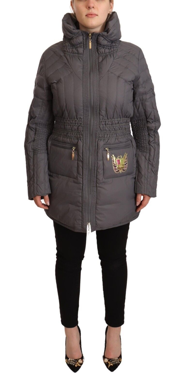 Roccobarocco Grau Gesteppte Langarm-Jacke mit Logo-Patch und durchgehendem Reißverschluss