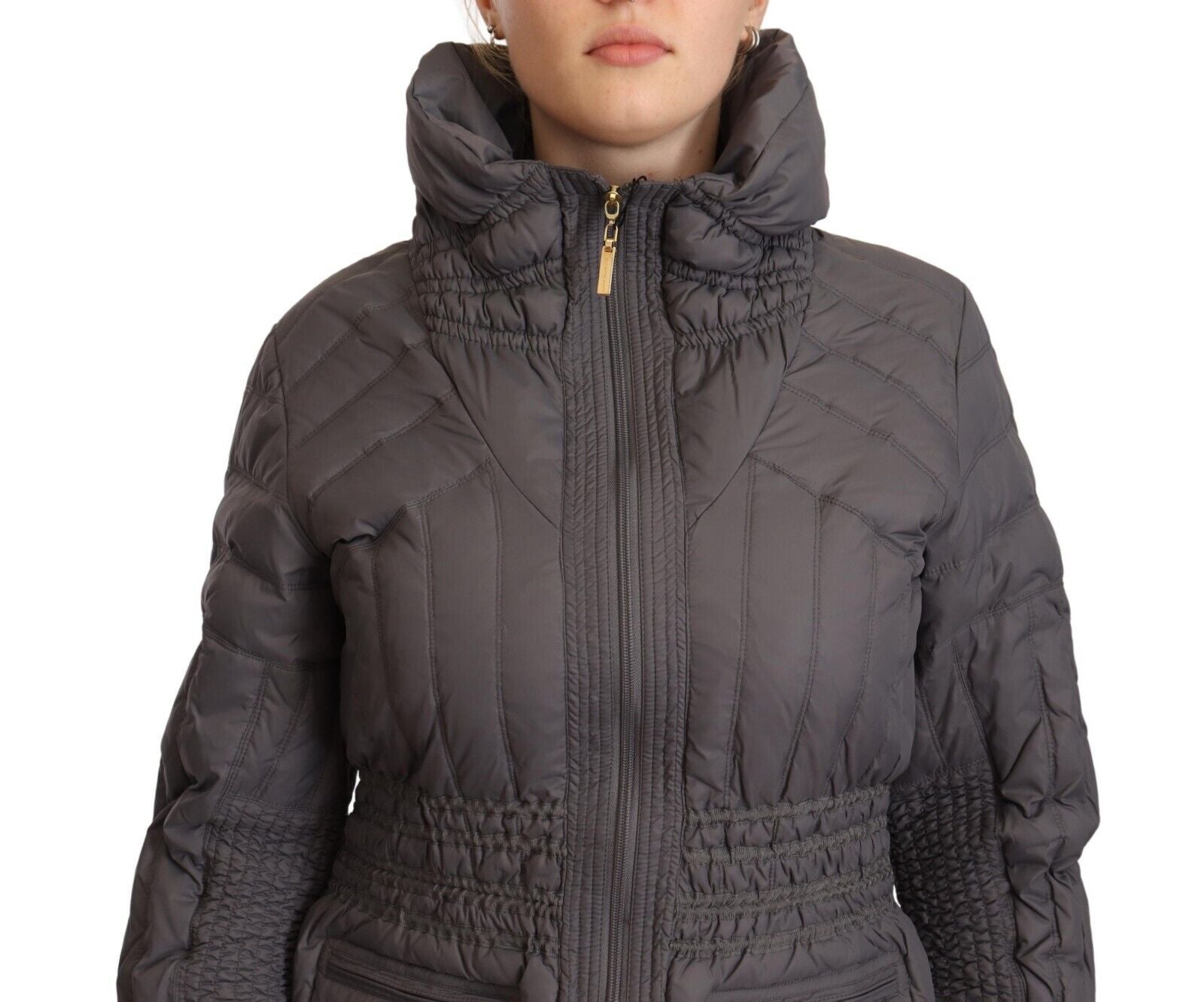 Roccobarocco Grau Gesteppte Langarm-Jacke mit Logo-Patch und durchgehendem Reißverschluss