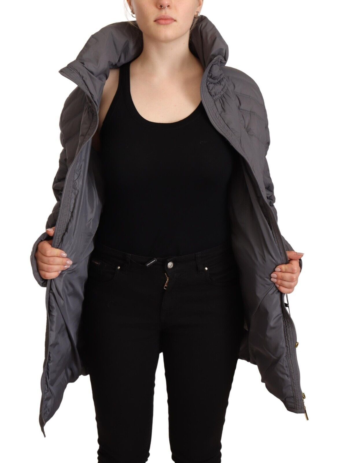 Roccobarocco Grau Gesteppte Langarm-Jacke mit Logo-Patch und durchgehendem Reißverschluss