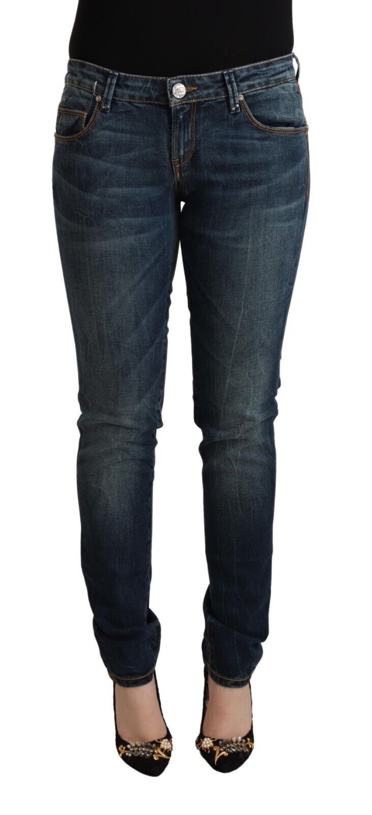 Acht blaue Washed Cotton Low Waist Slim Fit Denim Jeans