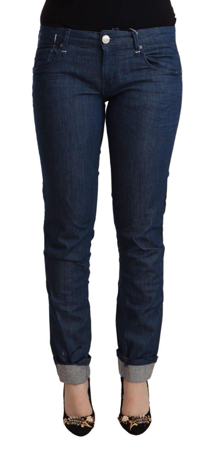 Acht blaue Low-Waist Skinny Jeans aus Baumwolle mit umgeschlagenem Saum