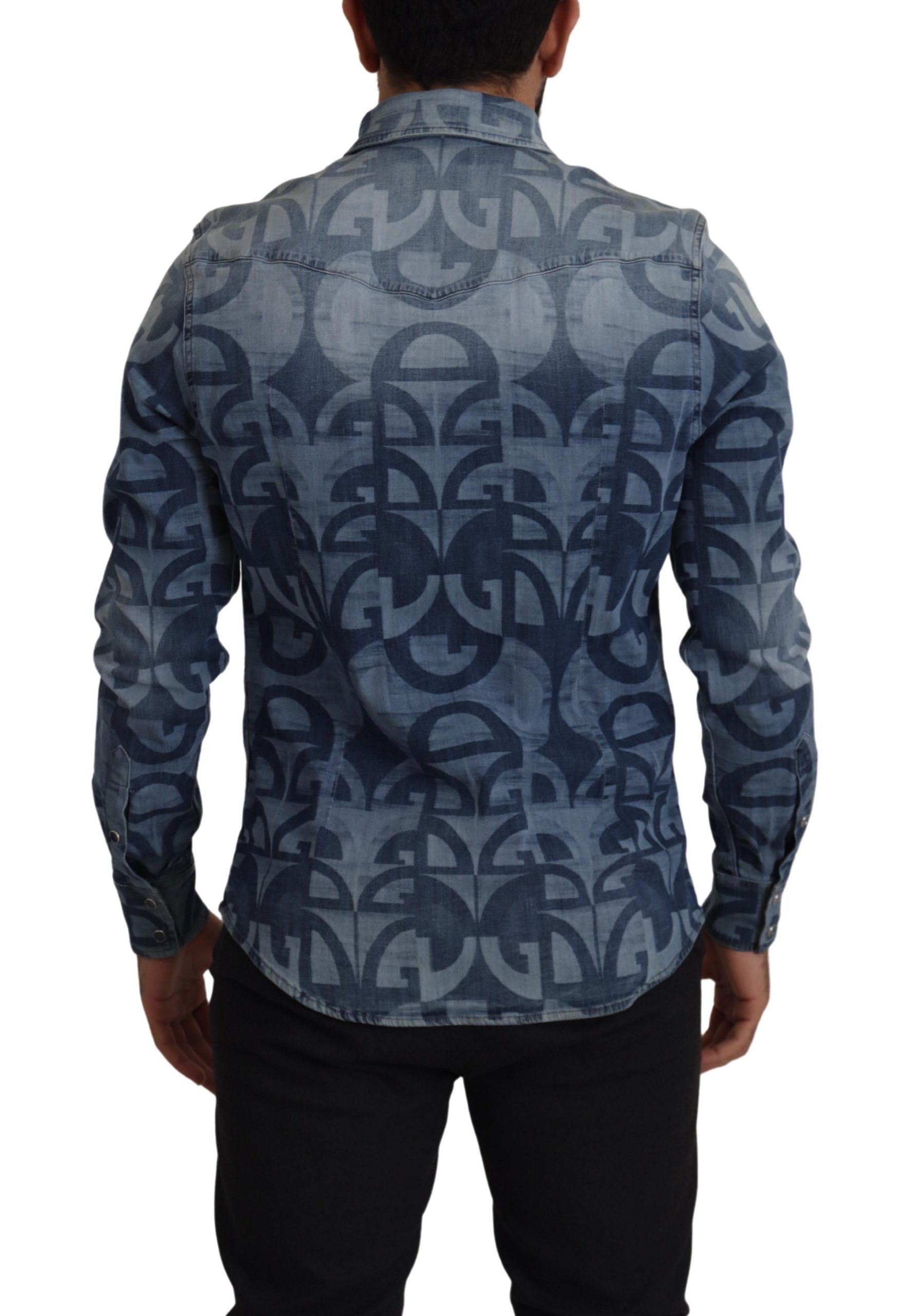 Dolce & Gabbana Blau Denim Stretch DG Logo Casual Herren Slim Hemd