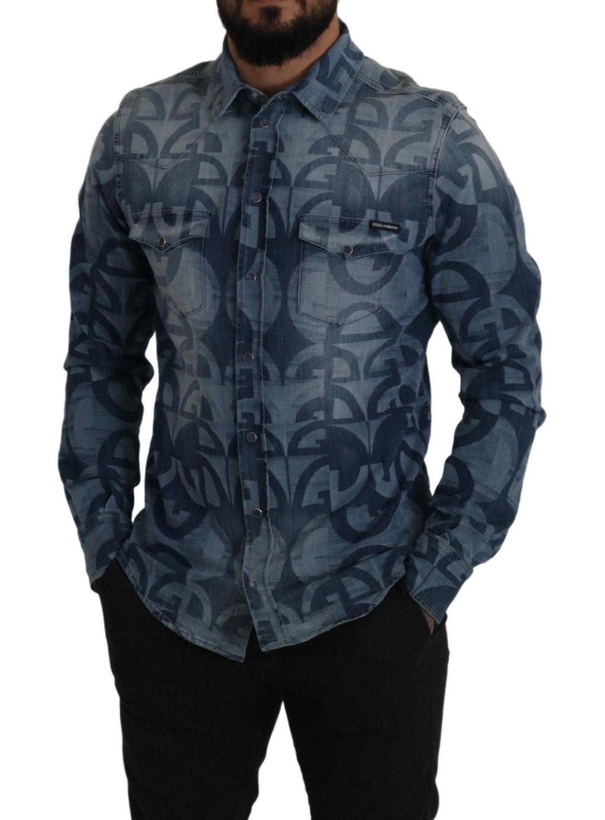 Dolce & Gabbana Blau Denim Stretch DG Logo Casual Herren Slim Hemd