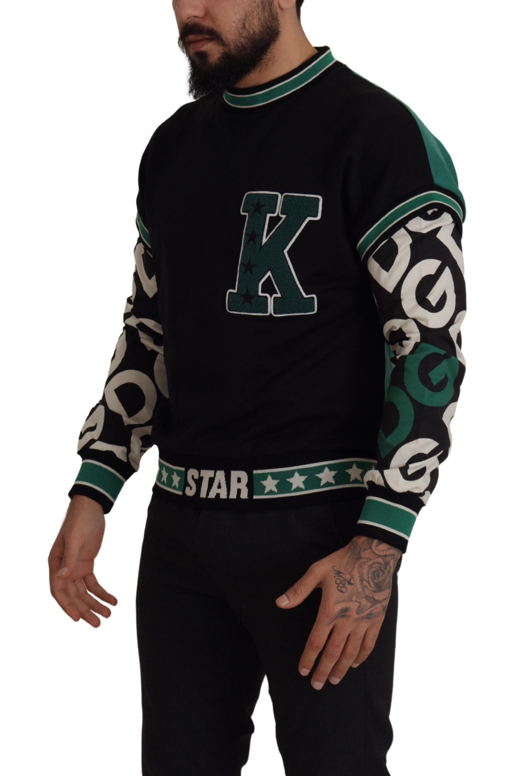 Dolce & Gabbana Schwarzer Grüner Baumwoll-KING-Stern-Rundhals-Pullover