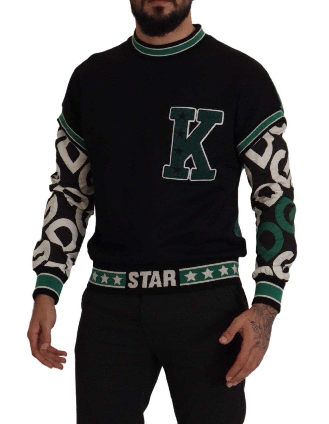 Dolce & Gabbana Schwarzer Grüner Baumwoll-KING-Stern-Rundhals-Pullover