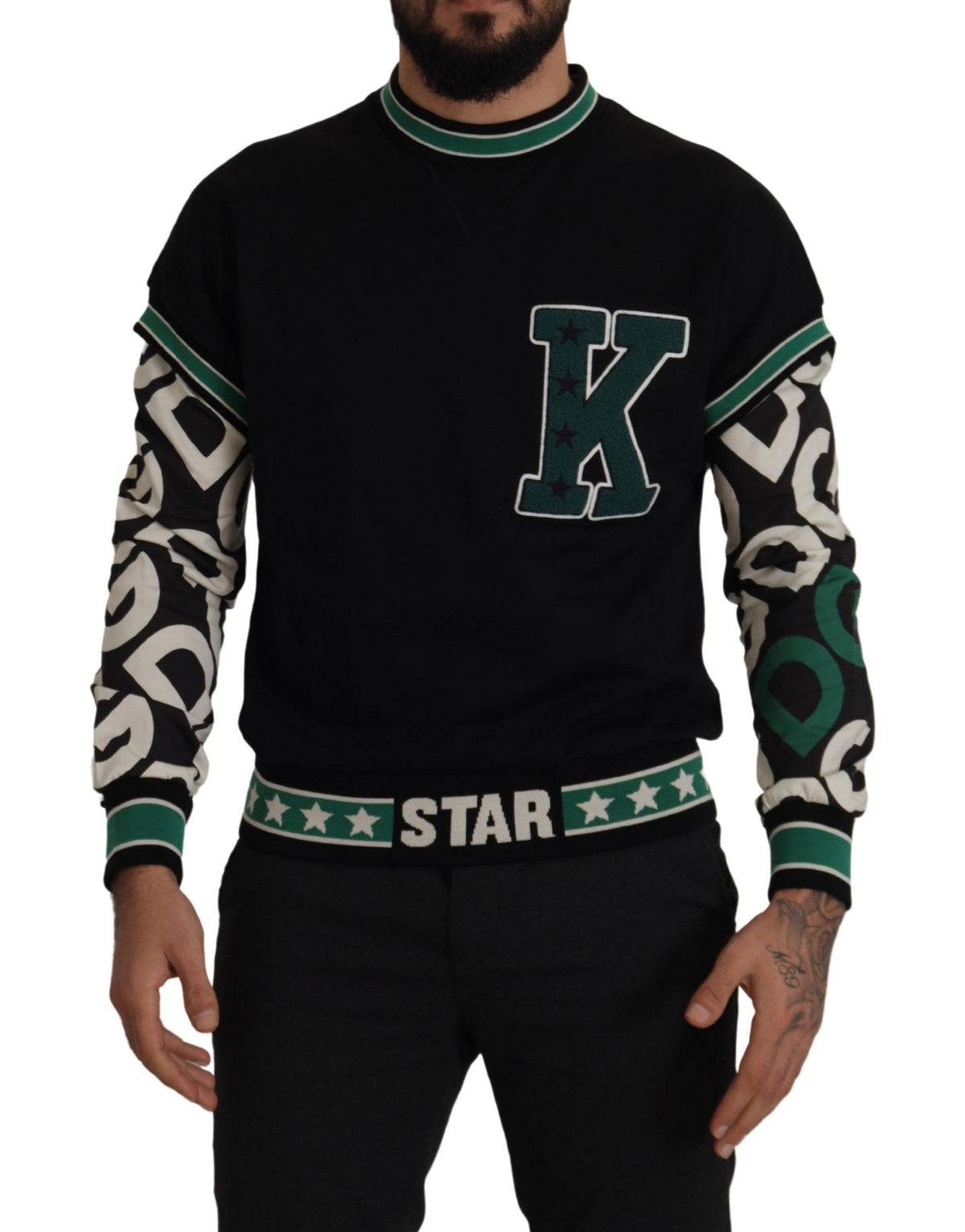 Dolce & Gabbana Schwarzer Grüner Baumwoll-KING-Stern-Rundhals-Pullover