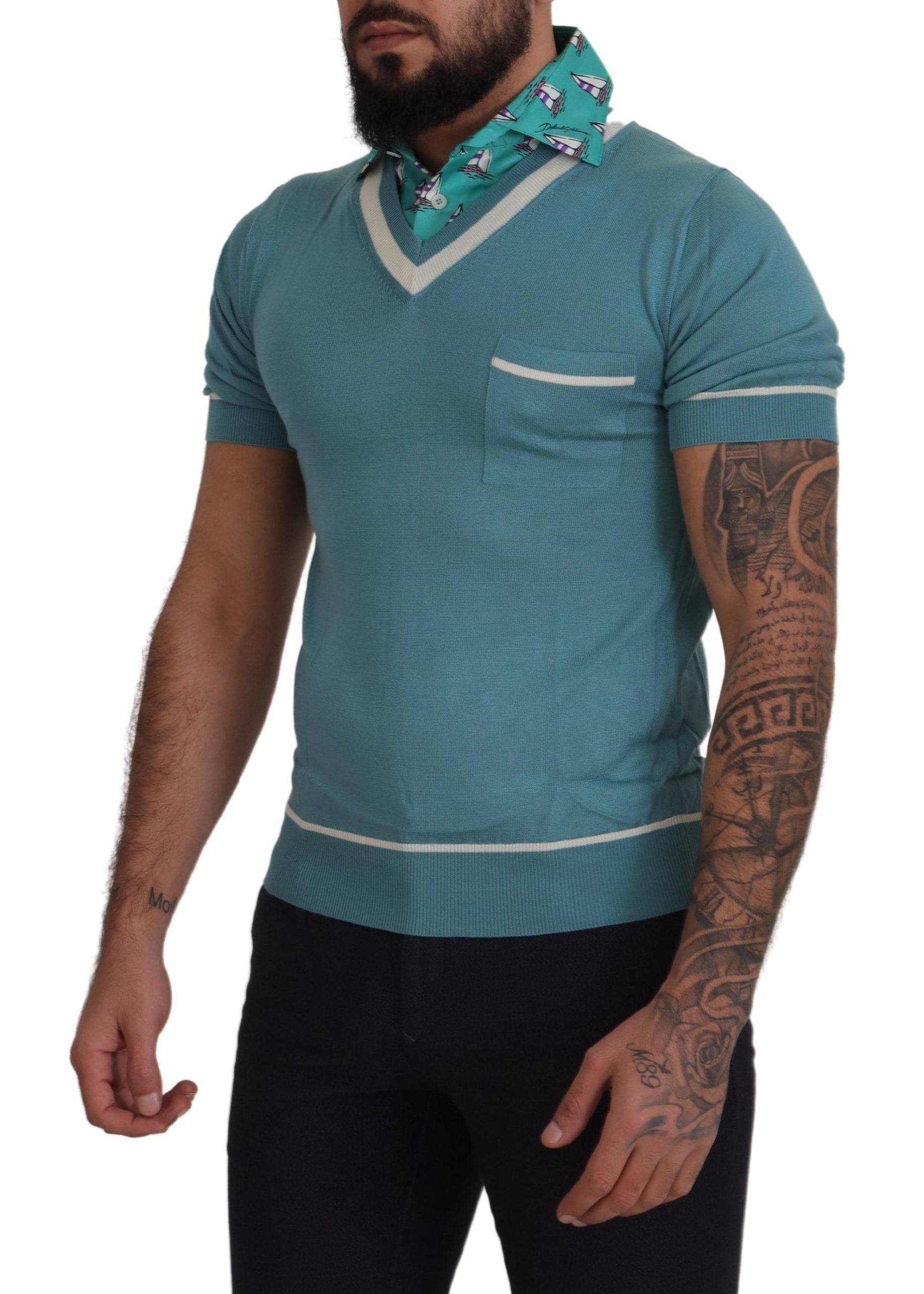 Dolce & Gabbana Blaues Seiden-Polo-Top Herren V-Ausschnitt T-Shirt
