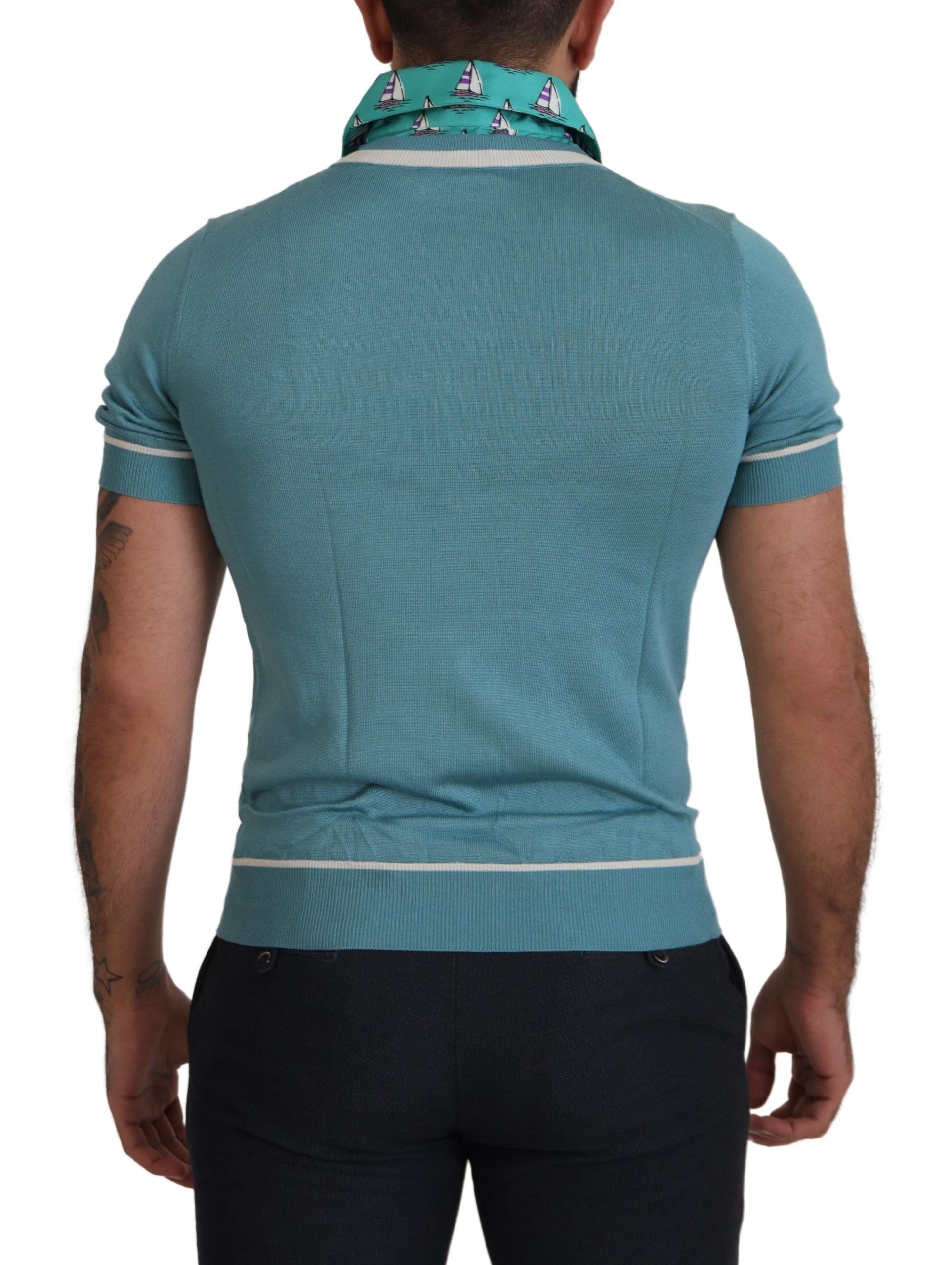 Dolce & Gabbana Blaues Seiden-Polo-Top Herren V-Ausschnitt T-Shirt