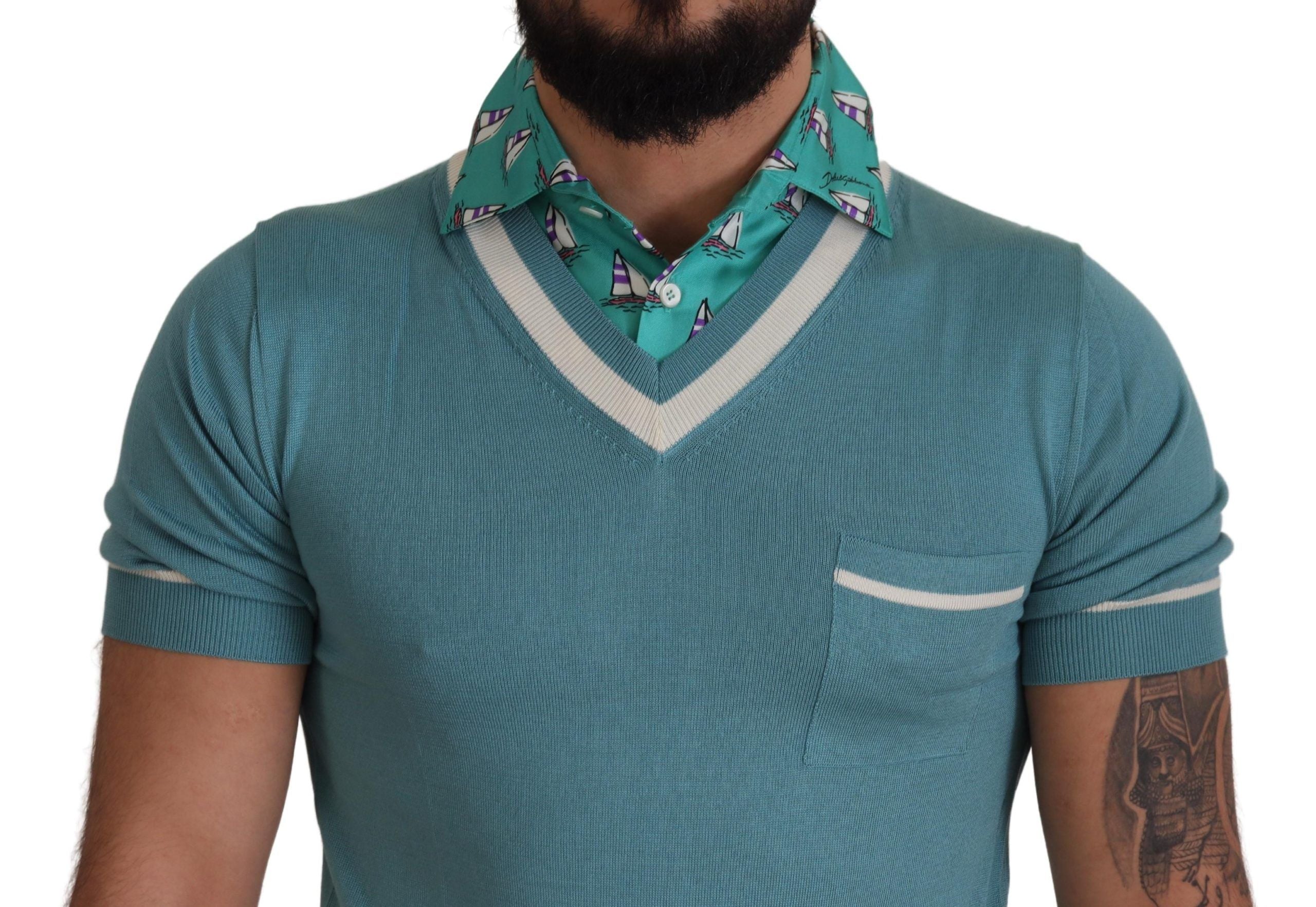 Dolce & Gabbana Blaues Seiden-Polo-Top Herren V-Ausschnitt T-Shirt