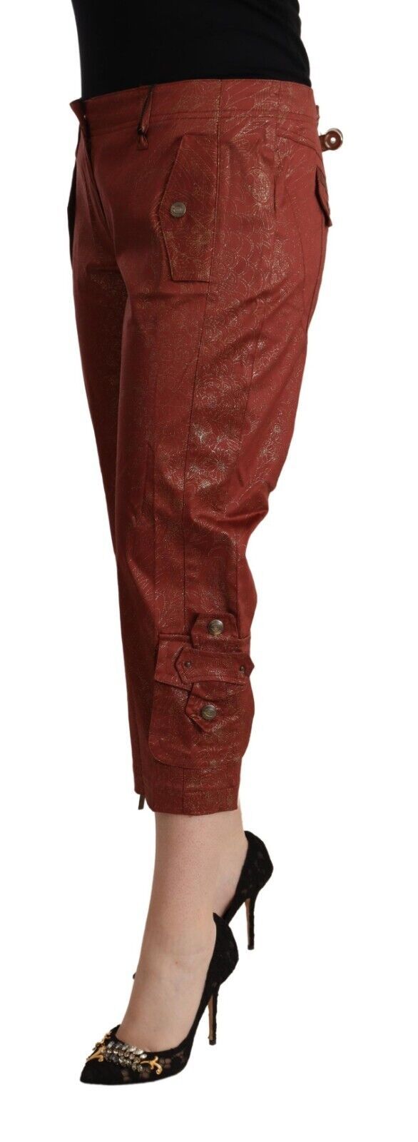 Just Cavalli Braune Lurex Mid Waist Caprihose aus Baumwolle
