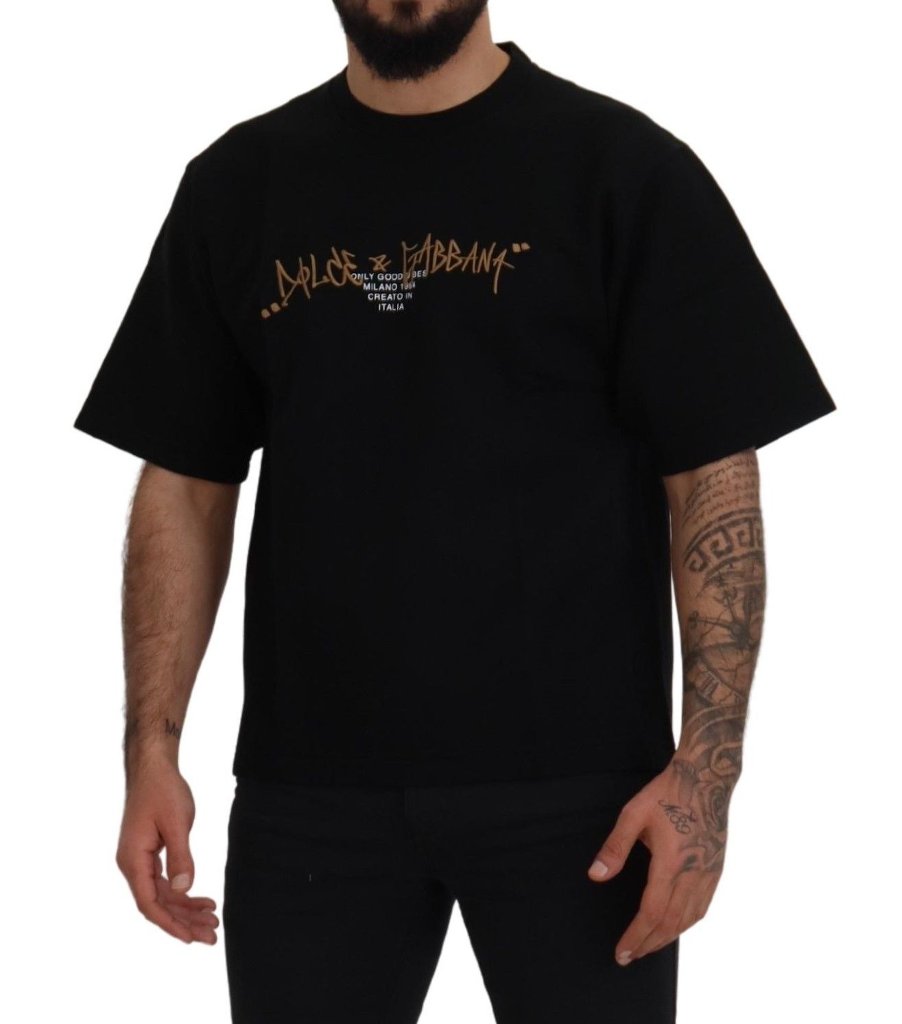 Dolce & Gabbana Schwarzes Baumwoll-T-Shirt mit Logo und Rundhalsausschnitt