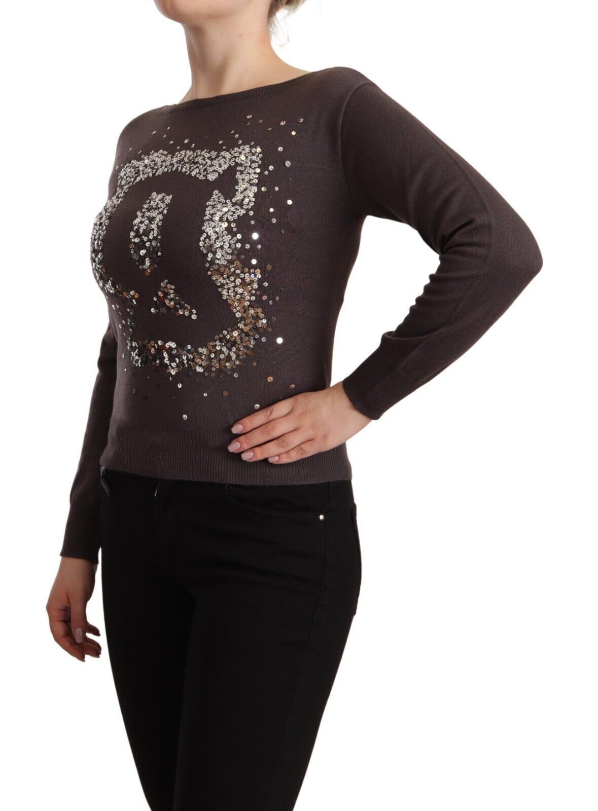 John Galliano Brauner Wollpullover mit Pailletten und langen Ärmeln