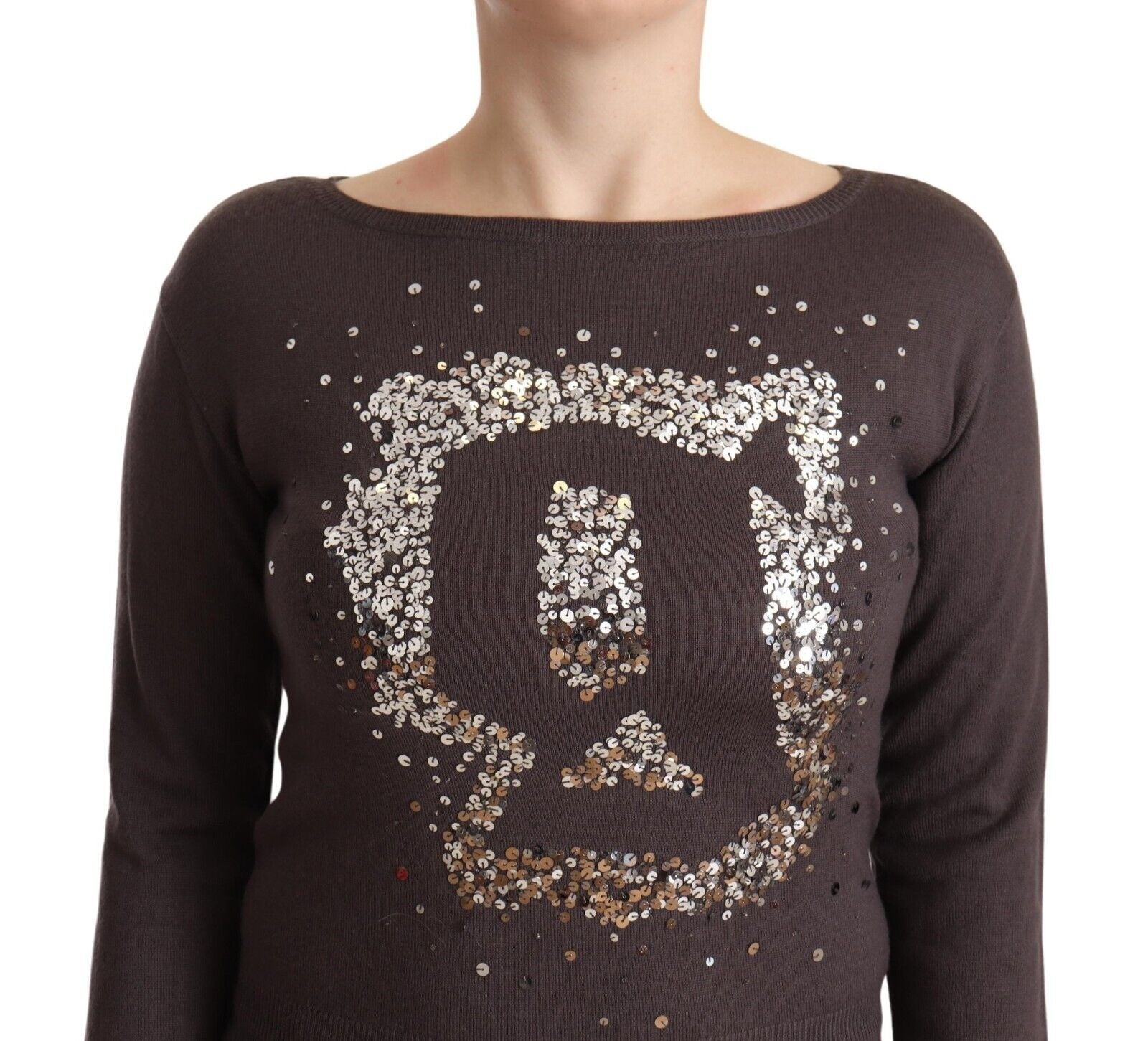John Galliano Brauner Wollpullover mit Pailletten und langen Ärmeln