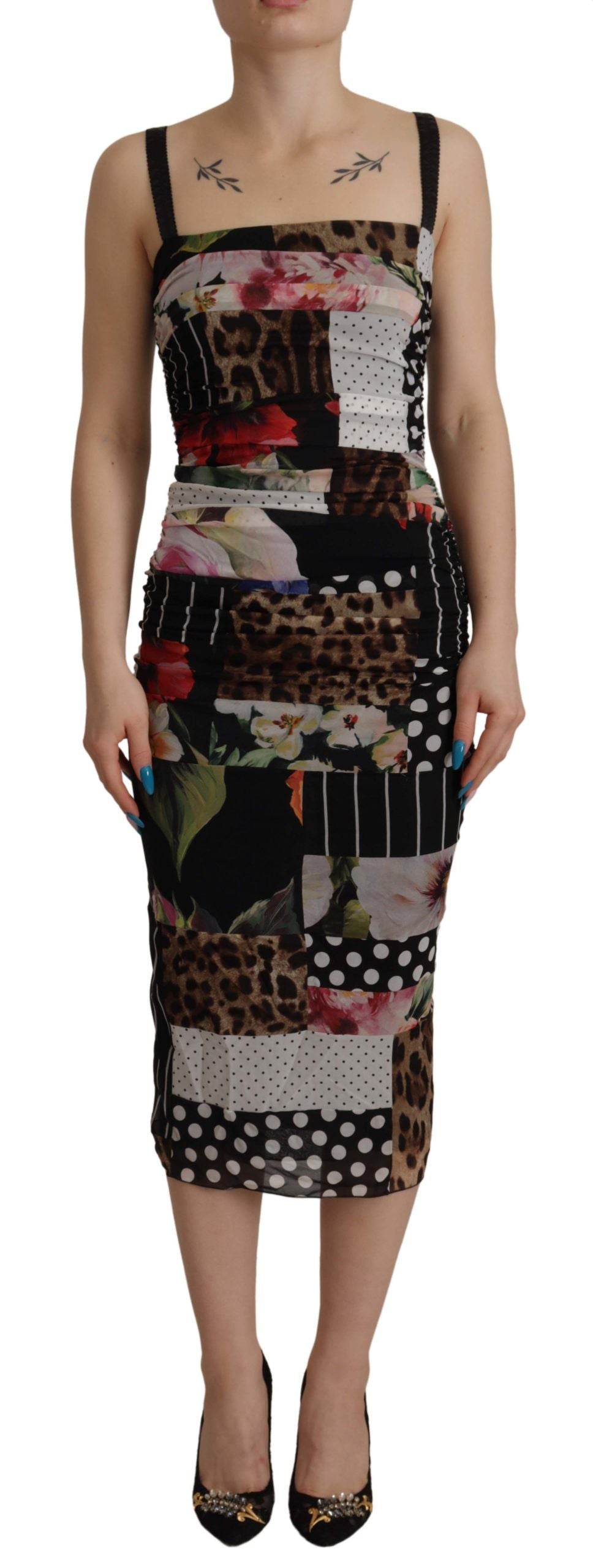 Dolce & Gabbana Mehrfarbiges Patchwork Midi-Kleid aus Seide mit Blumen- und Leopardenmuster