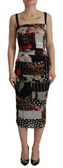 Dolce & Gabbana Mehrfarbiges Patchwork Midi-Kleid aus Seide mit Blumen- und Leopardenmuster
