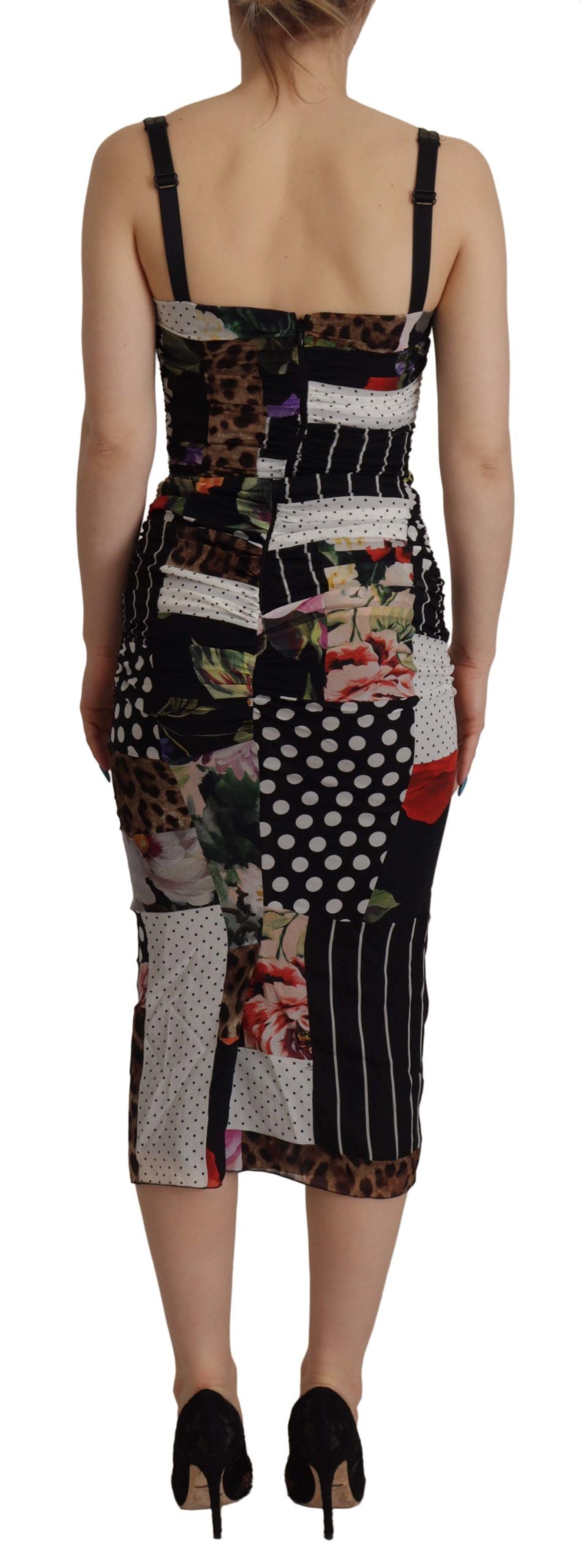 Dolce & Gabbana Mehrfarbiges Patchwork Midi-Kleid aus Seide mit Blumen- und Leopardenmuster
