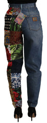 Dolce & Gabbana Blue Jeans Jacquard Majolika Hose mit hohem Bund