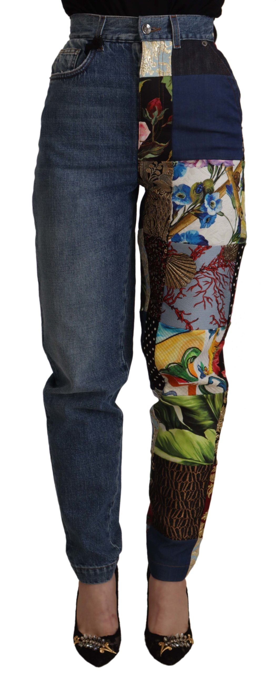 Dolce & Gabbana Blue Jeans Jacquard Majolika Hose mit hohem Bund