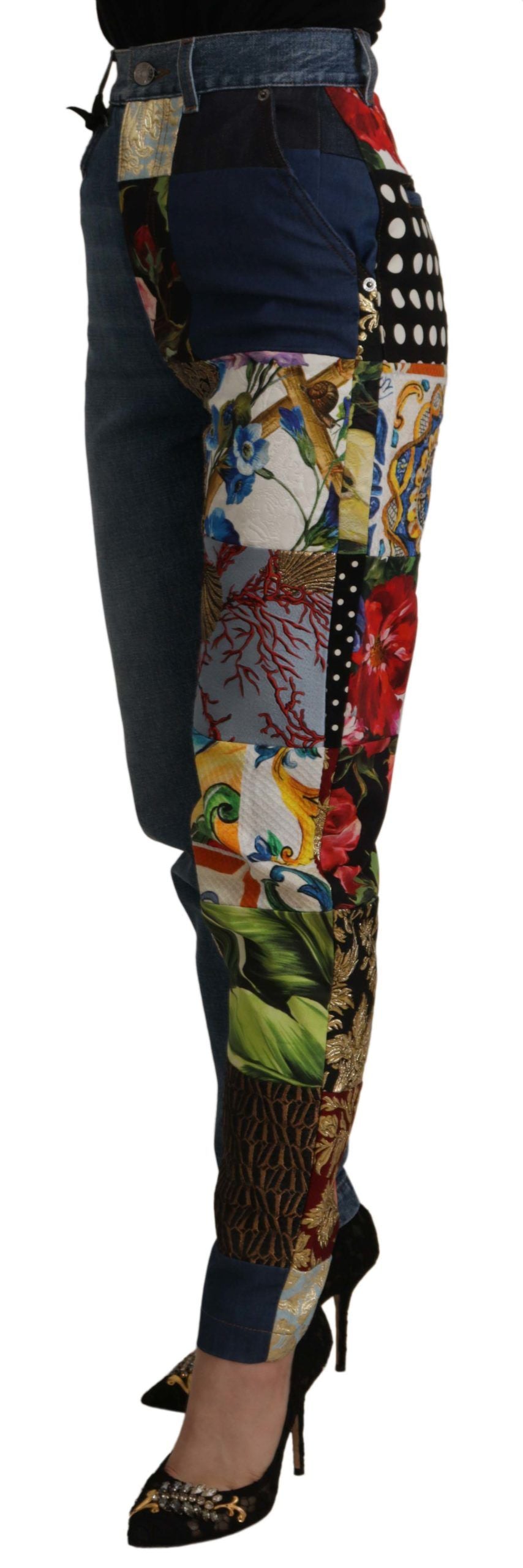 Dolce & Gabbana Blue Jeans Jacquard Majolika Hose mit hohem Bund
