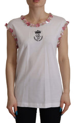 Dolce & Gabbana Weißes DG Crown Blumenpailletten T-Shirt