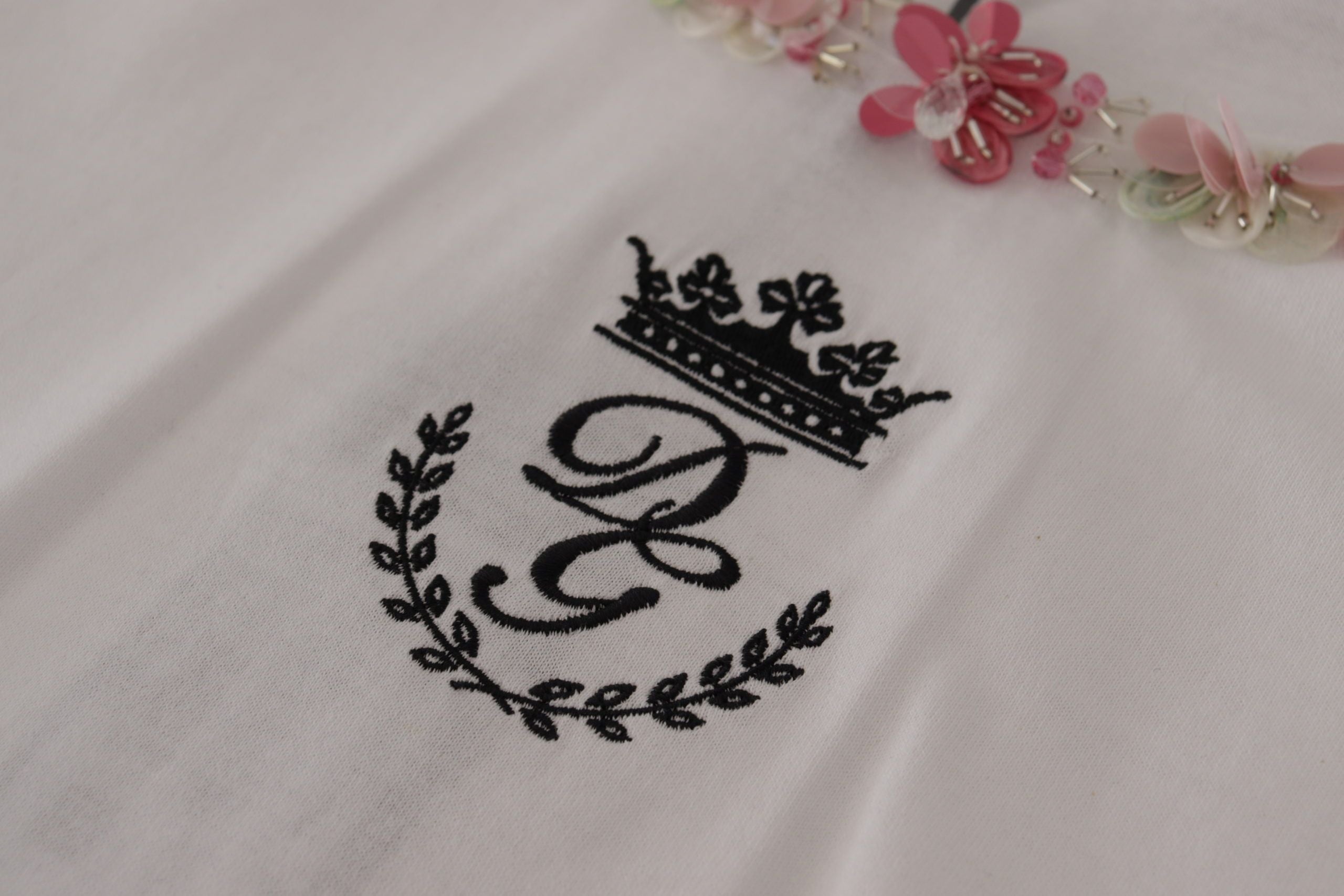 Dolce & Gabbana Weißes DG Crown Blumenpailletten T-Shirt