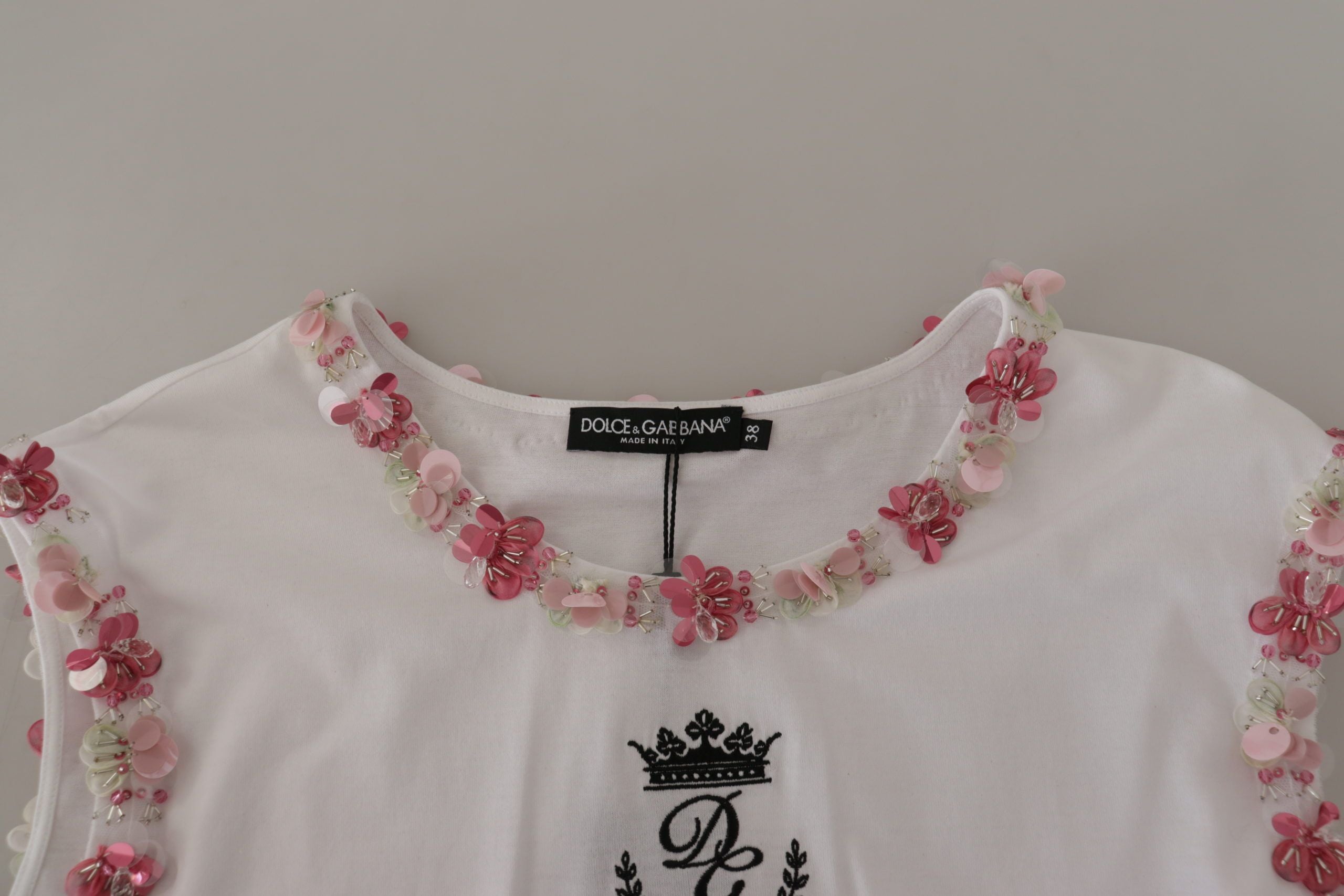 Dolce & Gabbana Weißes DG Crown Blumenpailletten T-Shirt
