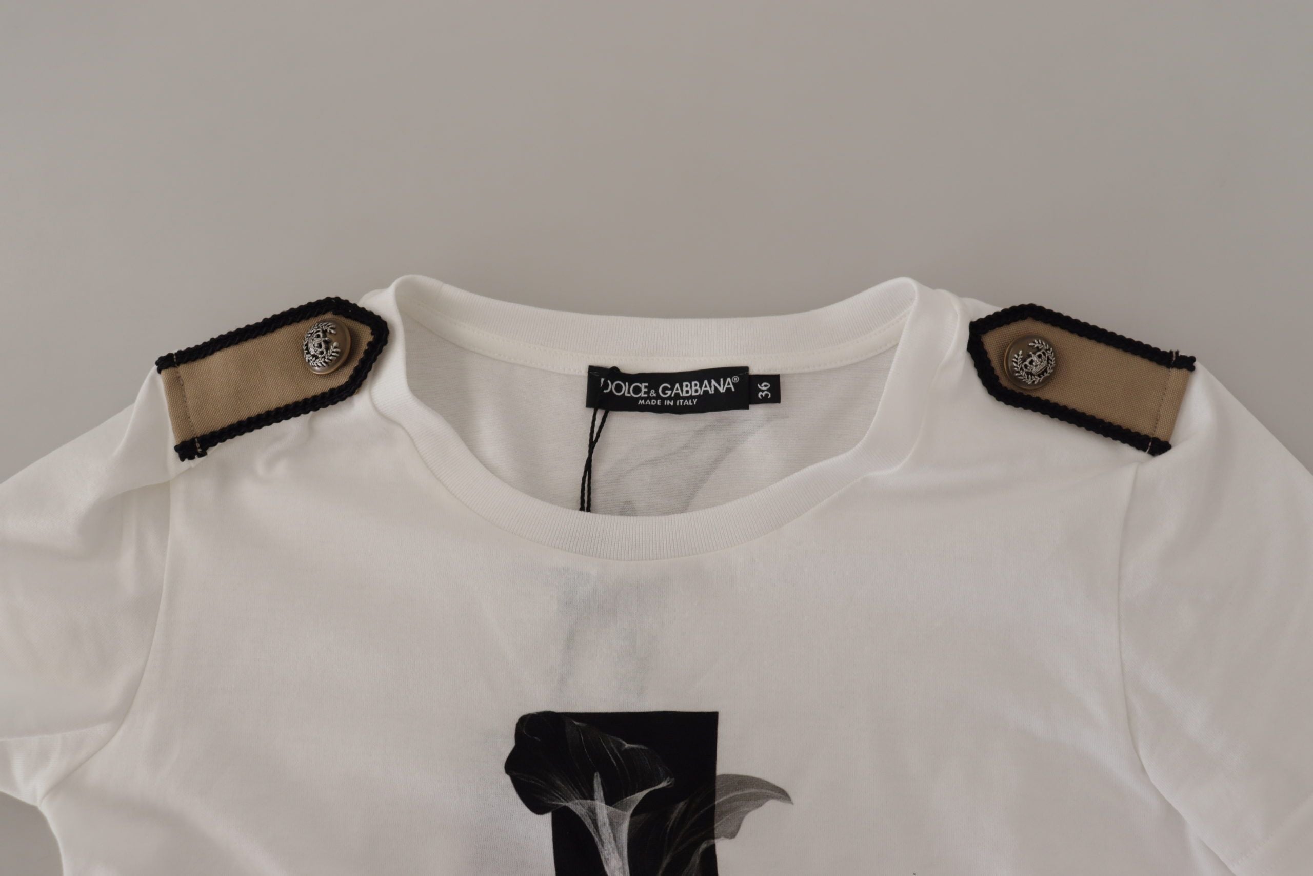 Dolce & Gabbana Weiß Schwarz Rosen Rundhals Baumwoll-T-Shirt