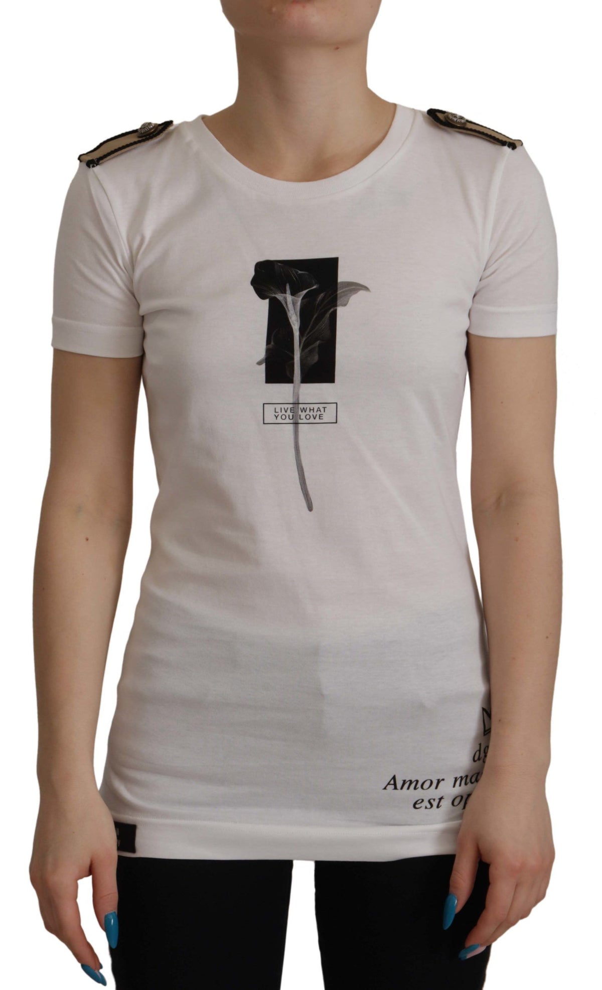 Dolce & Gabbana Weiß Schwarz Rosen Rundhals Baumwoll-T-Shirt
