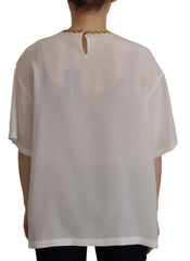 Dolce & Gabbana Witte Zijde Gouden DG Kroon Kristallen Blouse Top