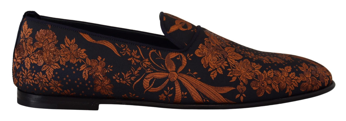 Dolce & Gabbana Blaue Rostfarbene Florale Slipper Loafers Schuhe
