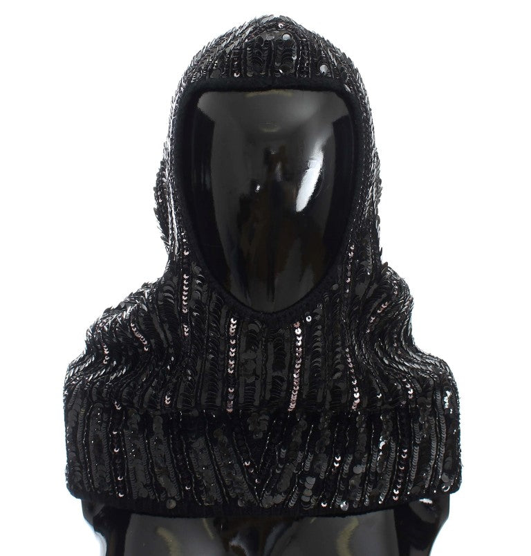 Dolce & Gabbana Schwarze gestrickte Pailletten-Kapuzenmützen-Schal-Mütze