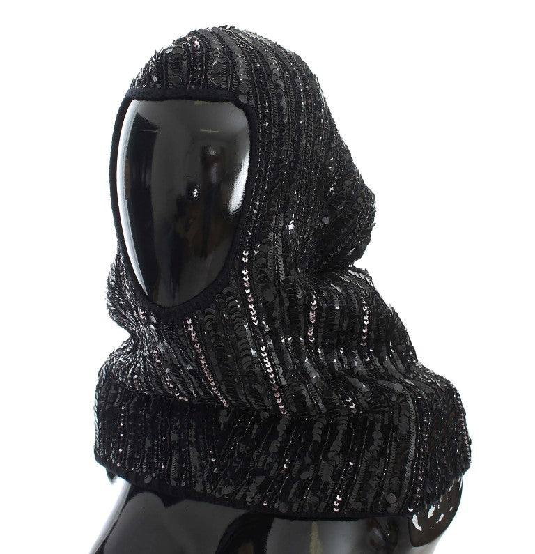 Dolce & Gabbana Schwarze gestrickte Pailletten-Kapuzenmützen-Schal-Mütze