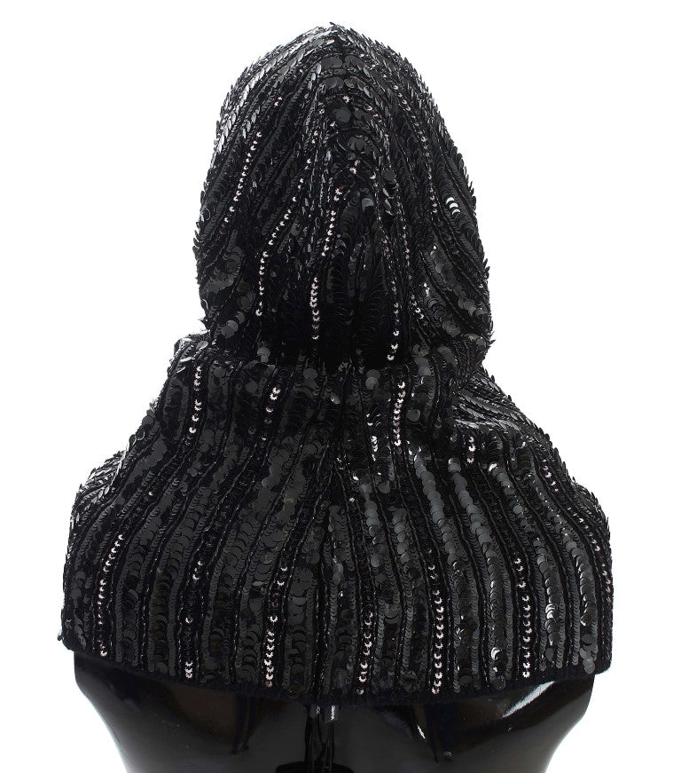 Dolce & Gabbana Schwarze gestrickte Pailletten-Kapuzenmützen-Schal-Mütze