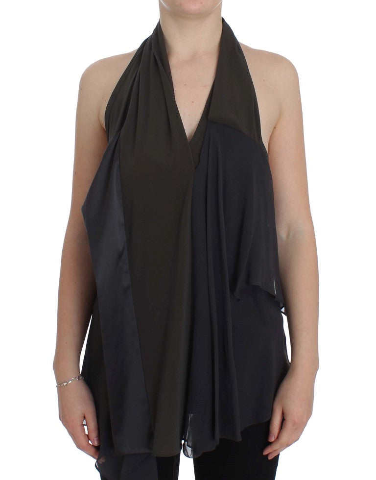 CORA GROPPO Grau-Blau Stretch-Bluse Oberteil